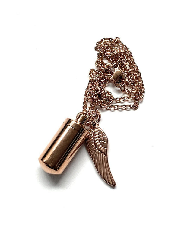 Halskette mit befüllbarer Kapsel und Flügel Anhänger (ca. 25cm) Kette Zylinder Collier Anhänger zum schrauben aus Edelstahl in Rose Gold