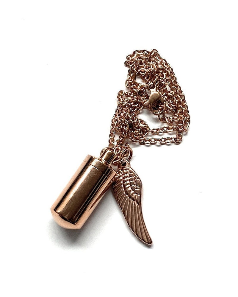1 x necklace with fillable capsule and wing pendant in rose gold (approx. 25cm) chain cylinder necklace pendant for screwing made of stainless steel