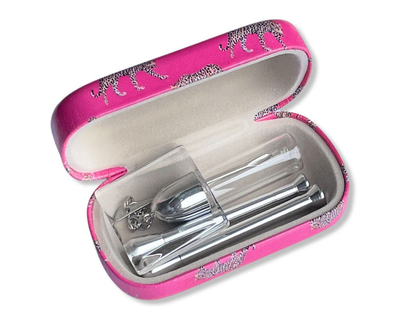 SET Pink Sniff Snuff Sniffer Snuff Dispenser Dispenser Dispensers (tube, mini glass plate, dispenser with spoon) in hard case