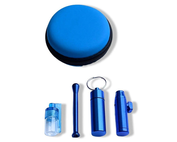 SET Blue Sniff Snuff Sniffer Snuff Dispenser Distributeur (tube, distributeur avec cuillère, pilulier, distributeur) dans un étui souple bleu