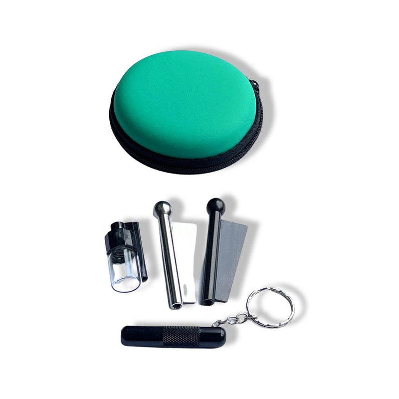 SET green-turquoise Sniff Snuff Sniffer Snuff Dispenser Dispenser (tube, dispenser with spoon, pill box, dispenser) in soft case green-turquoise