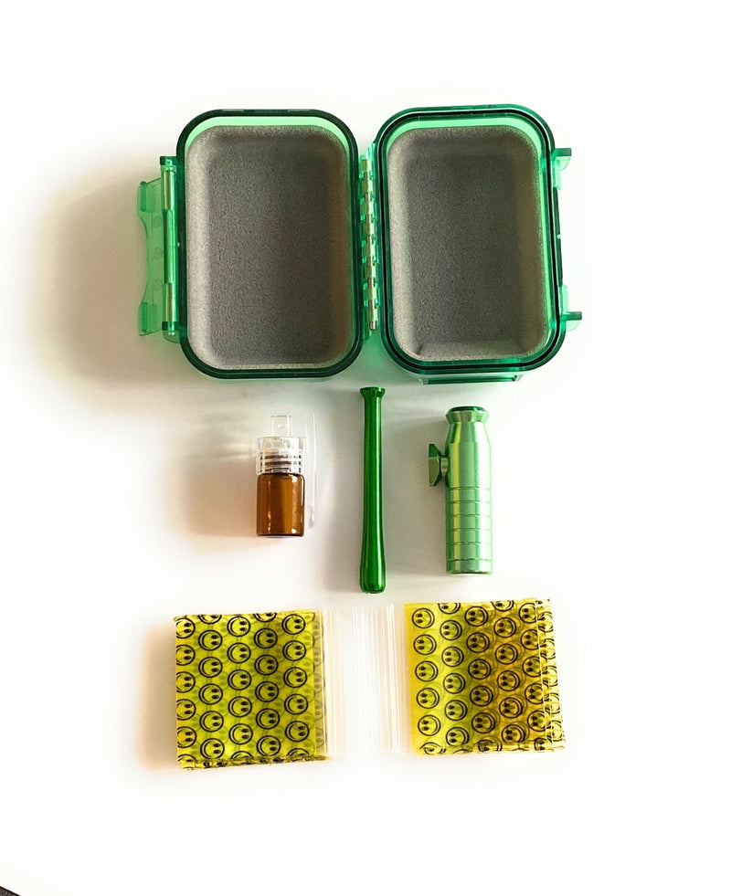 Hard Case Schnupftabak Set "Locker" mit Alu Dosierer, Spender mit Löffel, Ziehröhrchen & Tütchen mit Clip wasserdicht in grün Sniff Snuff
