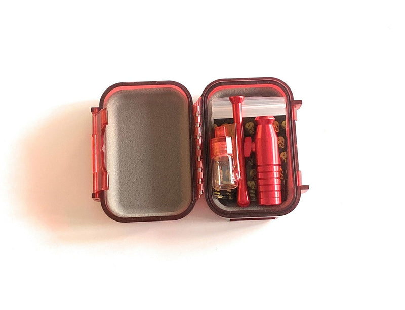 Hard case snuff tobacco set "Locker" with aluminum doser, dispenser with spoon, tube & bag with clip waterproof in red Sniff Snuff