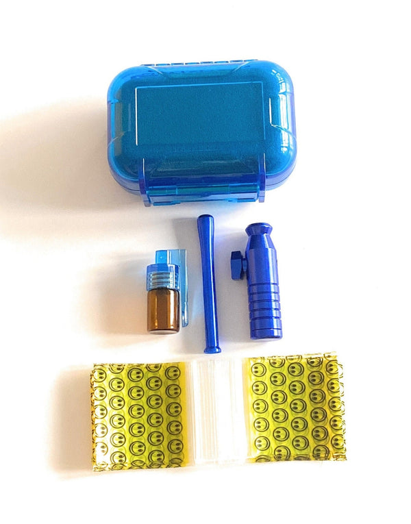 Hard Case Schnupftabak Set "Locker" mit Alu Dosierer, Spender mit Löffel, Ziehröhrchen & Tütchen mit Clip wasserdicht in blau Sniff Snuff