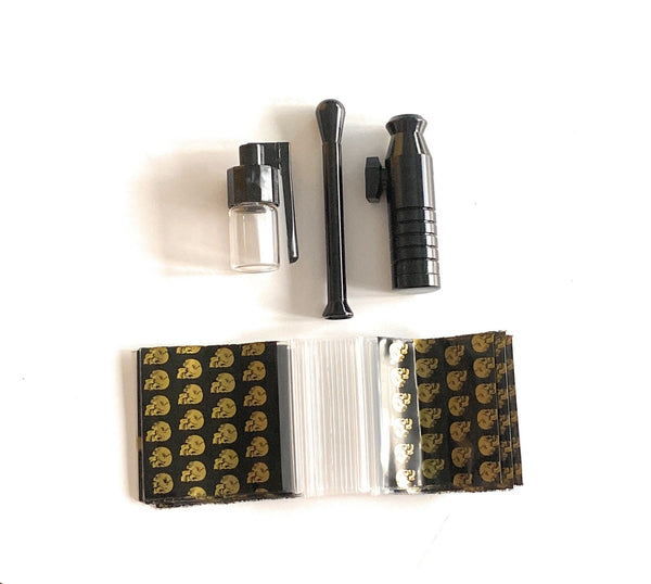 Hard Case Schnupftabak Set "Locker" mit Alu Dosierer, Spender mit Löffel, Ziehröhrchen & Tütchen mit Clip wasserdicht in schwarz Sniff Snuff