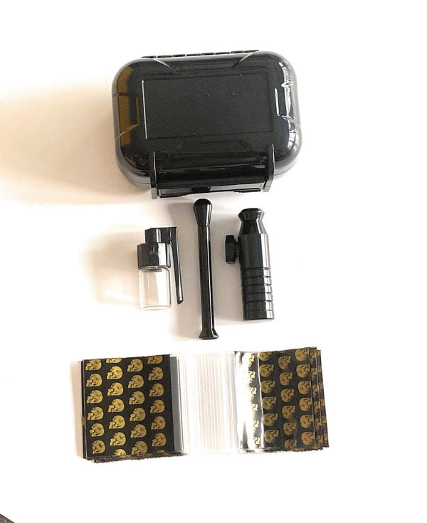 Hard Case Schnupftabak Set "Locker" mit Alu Dosierer, Spender mit Löffel, Ziehröhrchen & Tütchen mit Clip wasserdicht in schwarz Sniff Snuff