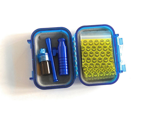 Hard case snuff set "Locker" with aluminum dispenser, dispenser with spoon, drawing tube & bag with clip waterproof in blue Sniff Snuff