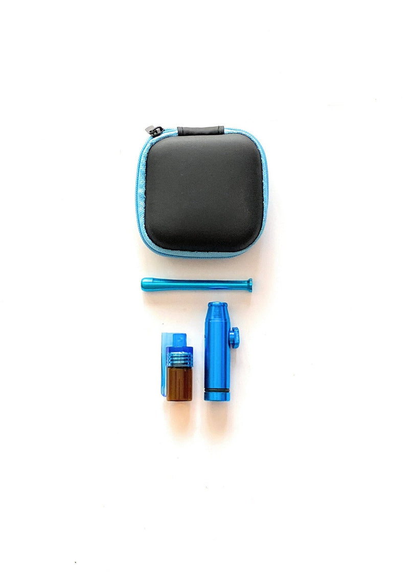SET Baby-Blue Sniff Snuff Sniffer Schnupf Spender Dispenser (Röhrchen, Spender mit Löffel, Dosierer) in Soft Case Schwarz - Hellblau