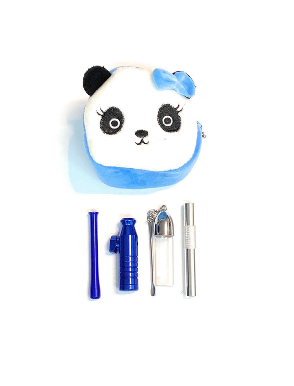 SET Panda Blue Sniff Snuff Sniffer Snuff Distributeur Distributeur (tube, distributeur avec cuillère, distributeur) dans un joli étui en peluche Panda Blue