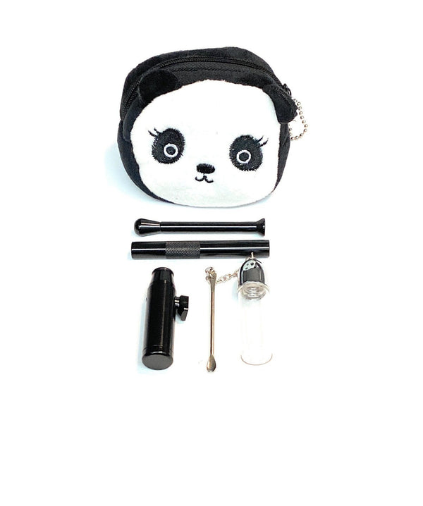 SET Panda Black Sniff Snuff Sniffer Snuff Distributeur Distributeur (tube, distributeur avec cuillère, distributeur) dans un joli étui en peluche Panda Noir