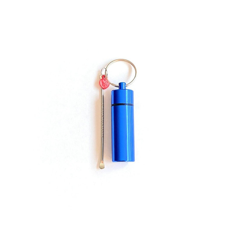 Storage box with spoon, aluminum pill box with key ring in blue