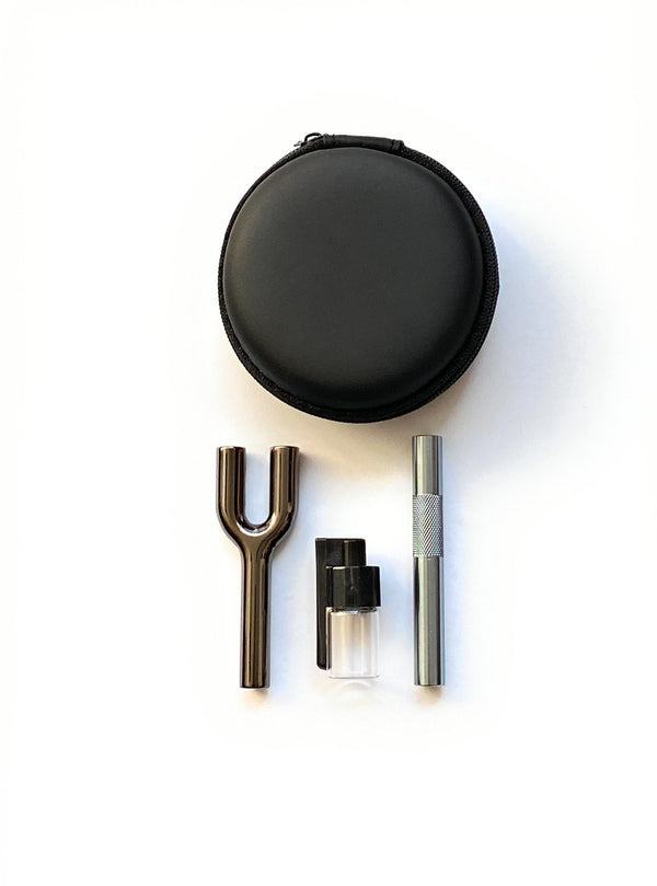 SET Chrome Sniff Snuff Sniffer Schnupf Spender Dispenser (Doppel-Röhrchen, 1 x Spender mit Löffel, Ziehröhrchen) in Soft Case Case Schwarz