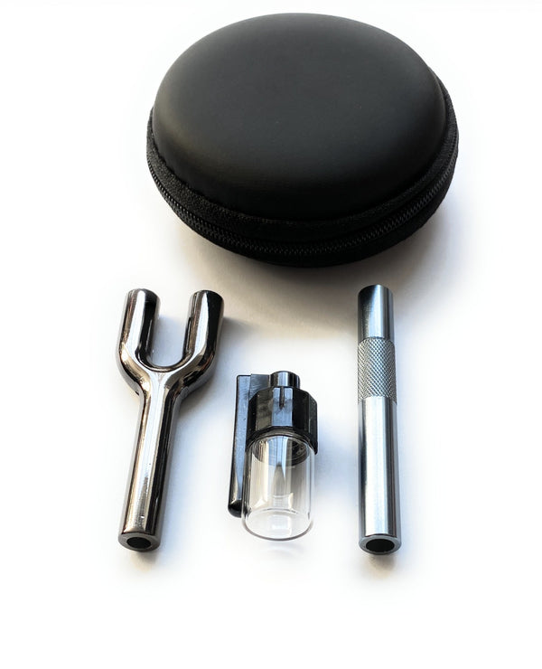 SET Chrome Sniff Snuff Sniffer Schnupf Spender Dispenser (Doppel-Röhrchen, 1 x Spender mit Löffel, Ziehröhrchen) in Soft Case Case Schwarz