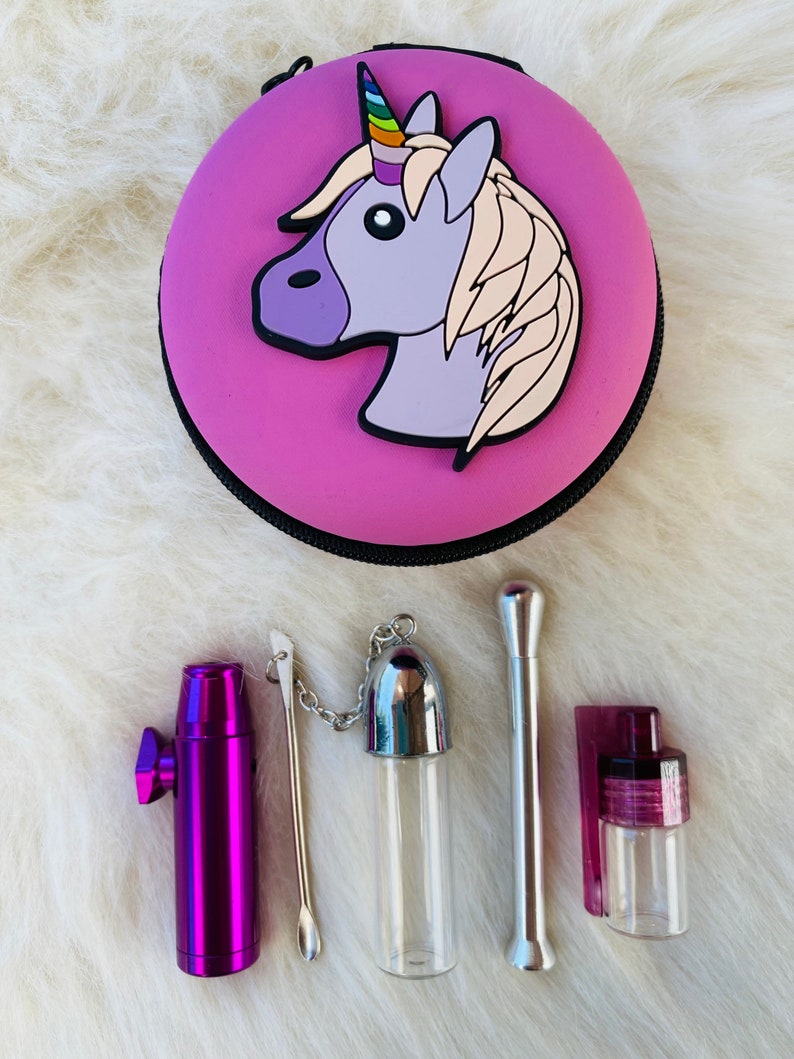 SET Unicorn Sniff Snuff Sniffer Snuff Dispenser Dispenser Dispensers (tube, dispenser, dispenser with spoon) in soft case pink
