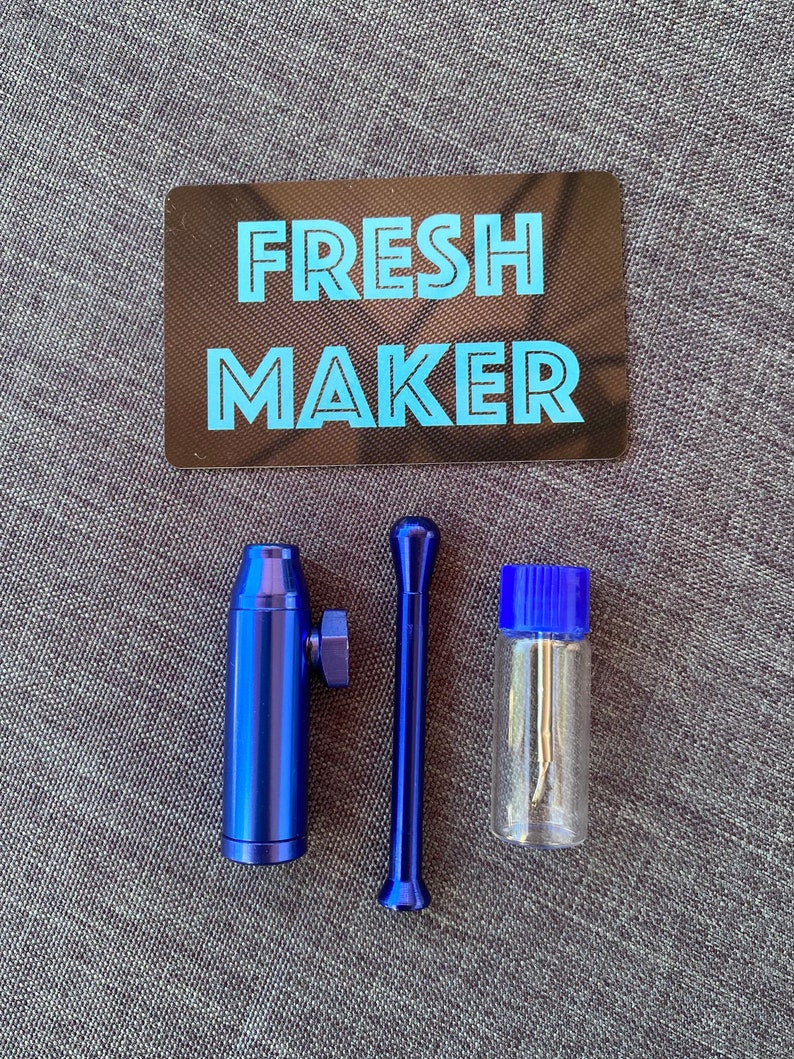 Set of fresh maker tubes, doser, dispenser with spoon and card Blue sniff snuff snuff