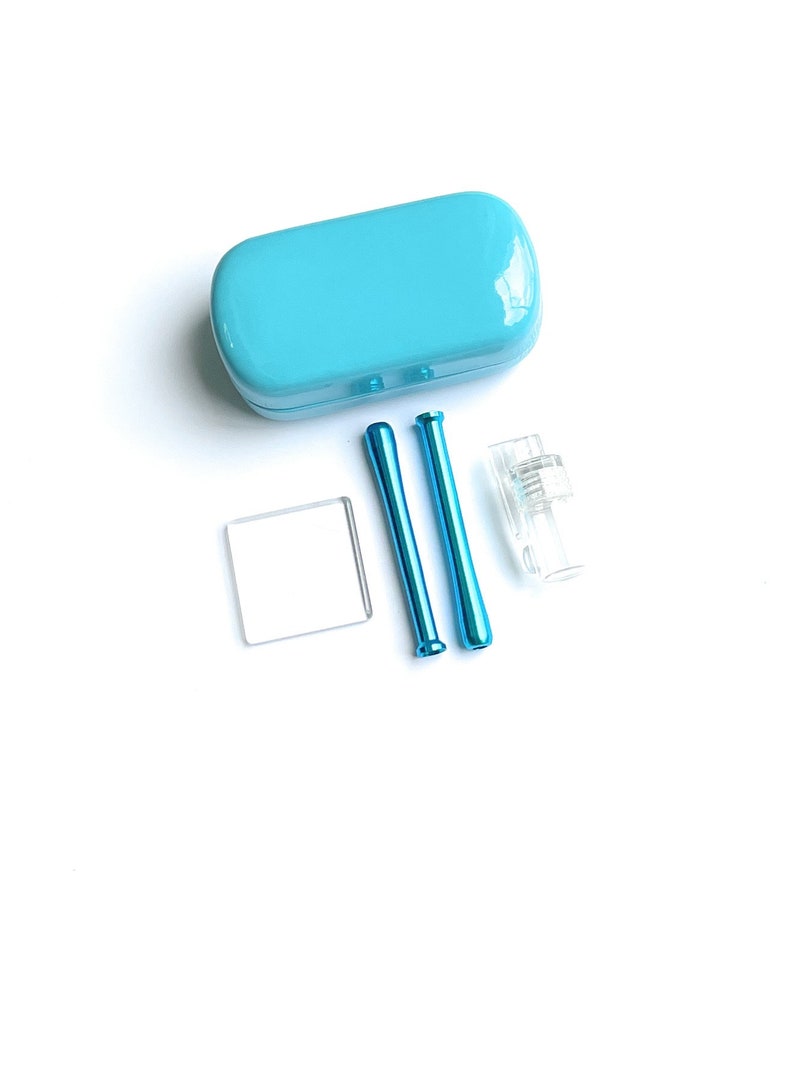 SET Hellblau Sniff Snuff Sniffer Schnupf Spender Dispenser Dispensers (Röhrchen, Mini-Glasplatte, Spender mit Löffel) in Hard Case