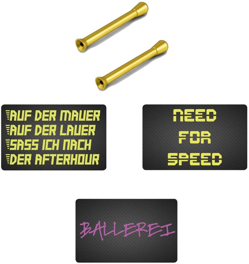 2 x Goldene Ziehröhrchen & EC Kreditkarten Carbon Look „Need for Speed“/ „Auf der Mauer auf der Lauer “ /„BALLEREI“