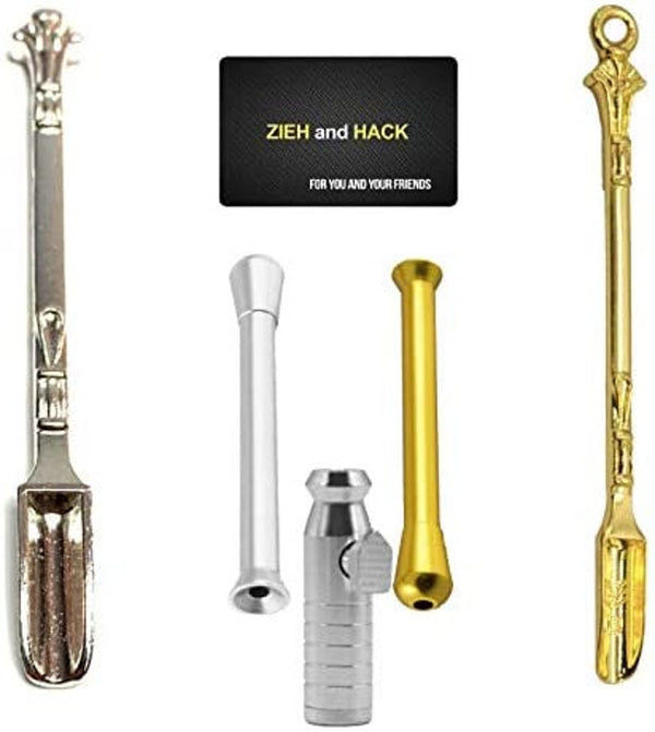 Set 2 x mini spoons (85mm) gold/silver & 2 x drawing tubes gold/silver + 1 dispenser + 1x draw and hack card Snorter Snuff Snorter Powder
