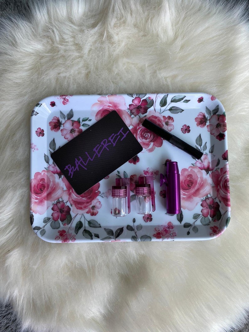 SET Roses 1x melamine board including drawing tube, hack card, dispenser and dispenser Straw Snuff Nasal Tube Purple Pink Pink Roses