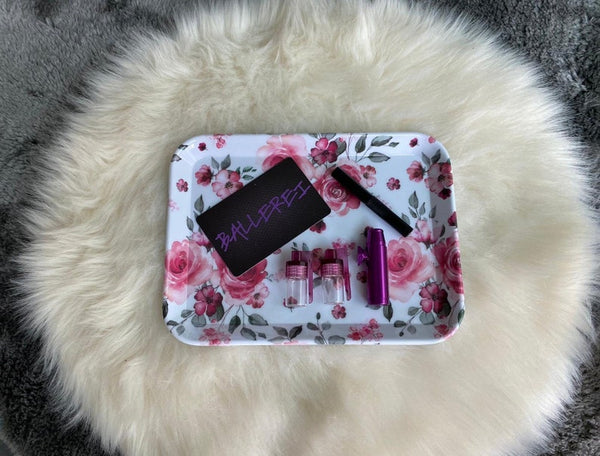 SET Roses 1x melamine board including drawing tube, hack card, dispenser and dispenser Straw Snuff Nasal Tube Purple Pink Pink Roses