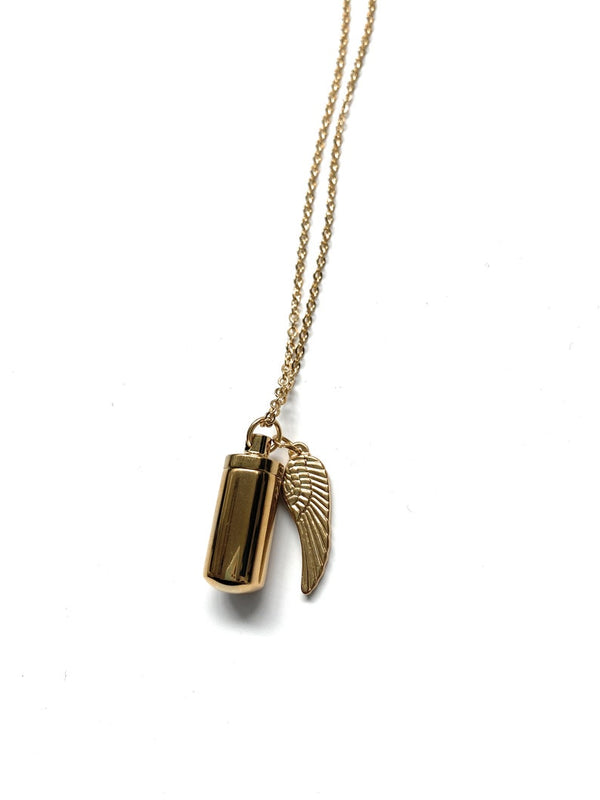 Necklace with fillable capsule and wing pendant in gold (approx. 25cm) chain cylinder necklace pendant for screwing made of stainless steel