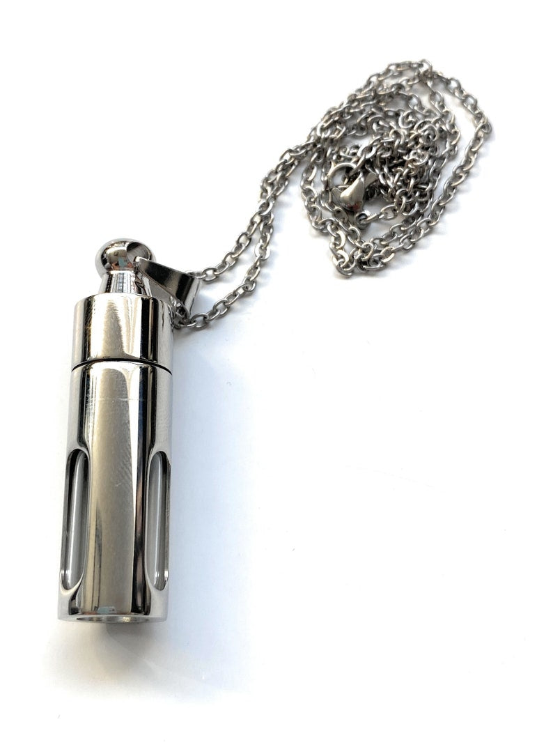 Kette/ Aufbewahrungsbox Pillenbox Bottle Spender Dispenser Portionierer sniff snuff bottle Stainless steel Silver Glass Necklace Silber