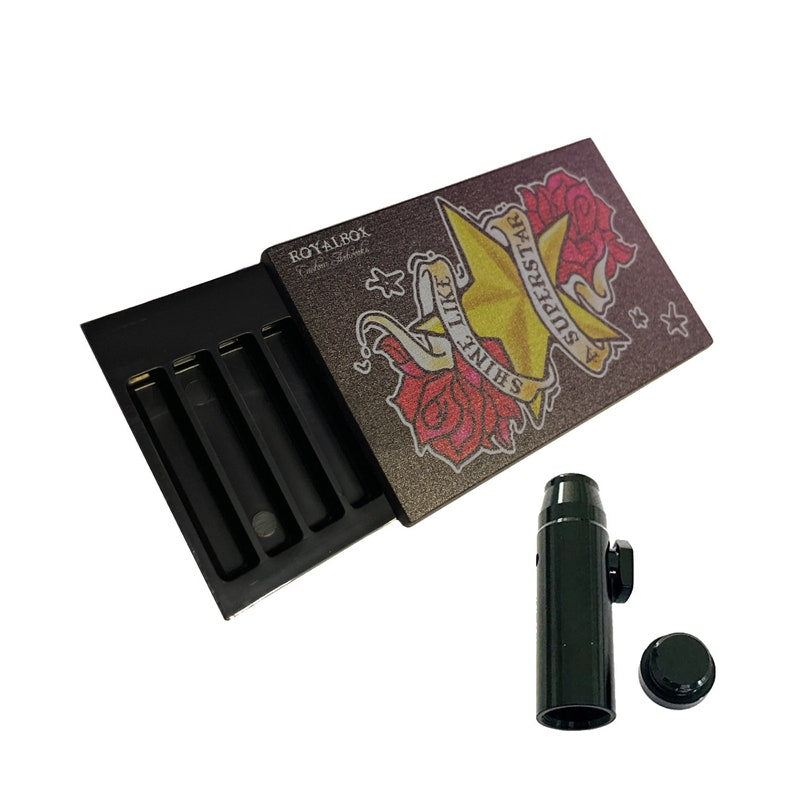 Royal box including integrated tube plus free dispenser for snuff Sniff Snuff dispenser for on the go with tattoo motif