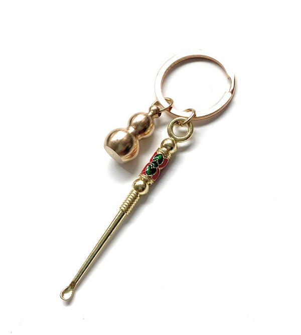 Mini spoon pendant charm key ring with decorative balls spoon in gold with application in red/green for e.g. snuff