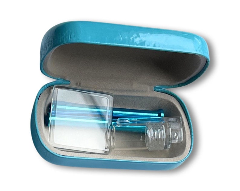 SET light blue Sniff Snuff Sniffer Snuff Dispenser Dispenser Dispensers (tube, mini glass plate, dispenser with spoon) in hard case