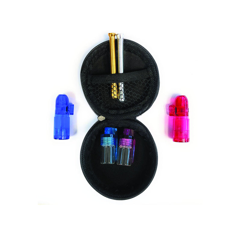 Kleines rundes Hard Case Schnupftabak Schnupfset in schwarzem Case mit Zwei Röhrchen, Vier Dosieren (Schnupftabak) für die Hosentasche