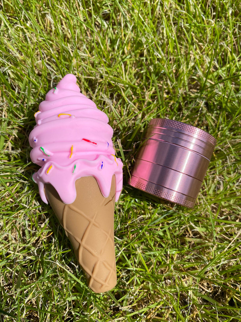Smoking Set „Pink“ Pipe und Grinder Ice Cream Pipes Silikon-Rauchzubehör pink rosa Eiscreme Pfeife Ice Cone 4 Teile Aluminum Grinder