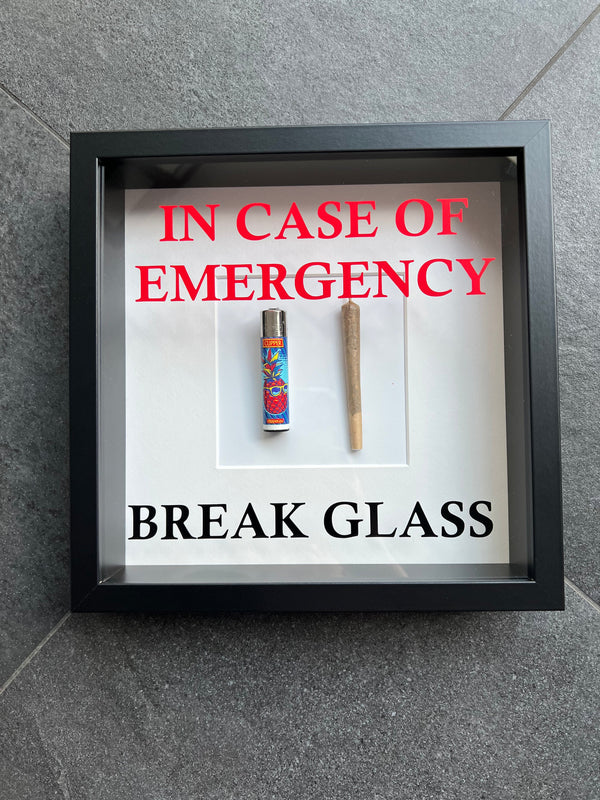 Peinture murale/tableau « En cas d'urgence – Briser la vitre – Joint/Fumer amusant avec cadre photo blanc