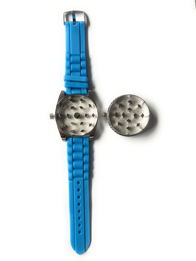 Grinder in Armbanduhr Optik (40mm) Voll Funktionsfähig aus Aluminium/Silikon Smoking Mühle Weed Stoner Herb Uhr Versteck Watch blau