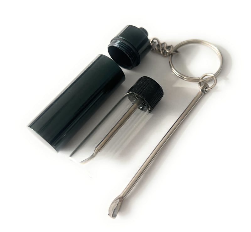 Flacon Baller avec cuillère télescopique + boîte de rangement avec pendentif et cuillère | Ensemble de tabac à priser | Distributeur de verre | Distributeur noir