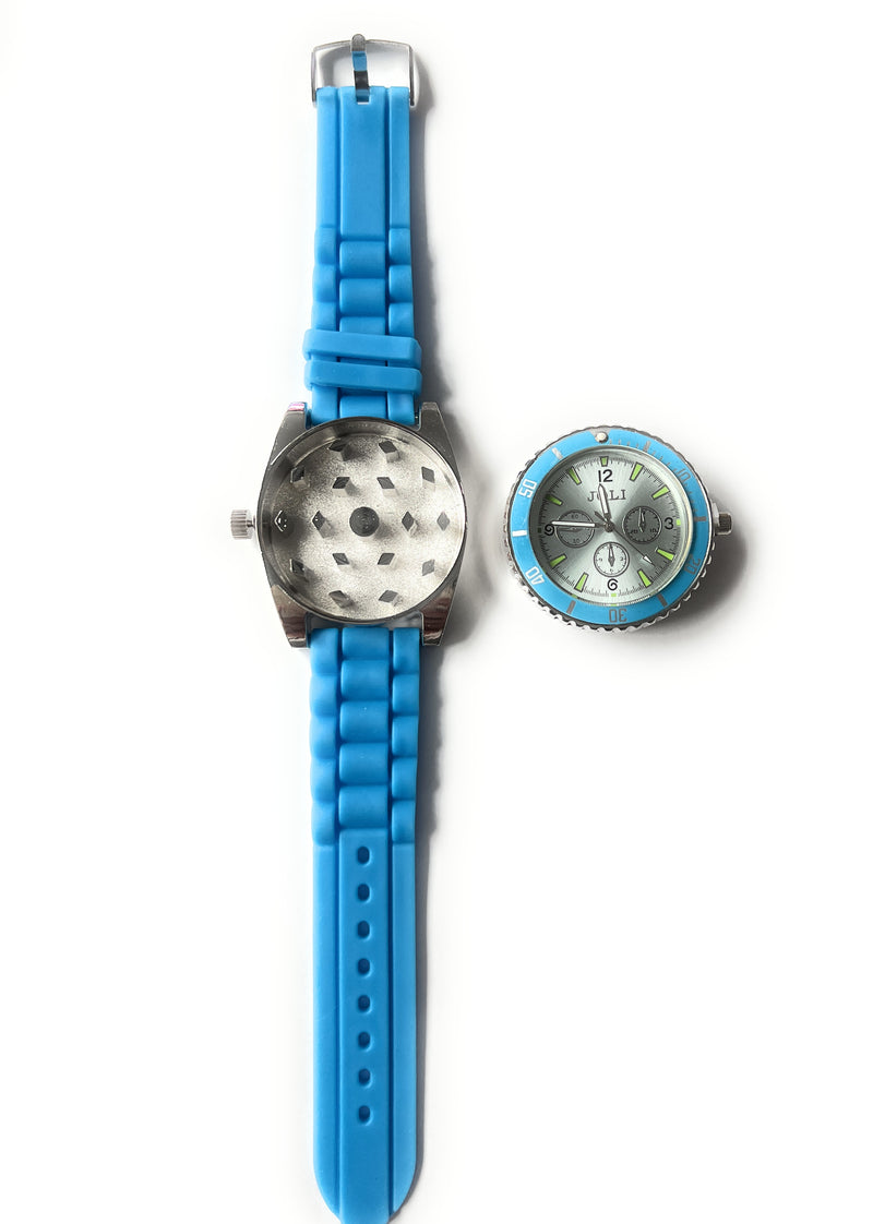 Grinder in wristwatch look (40mm) fully functional made of aluminum/silicone smoking mill weed stoner herb watch hiding place watch blue