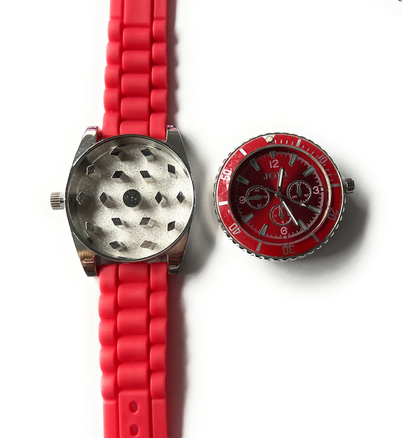 Grinder in Armbanduhr Optik (40mm) Voll Funktionsfähig aus Aluminium/Silikon Smoking Mühle Weed Stoner Herb Uhr Versteck Watch rot